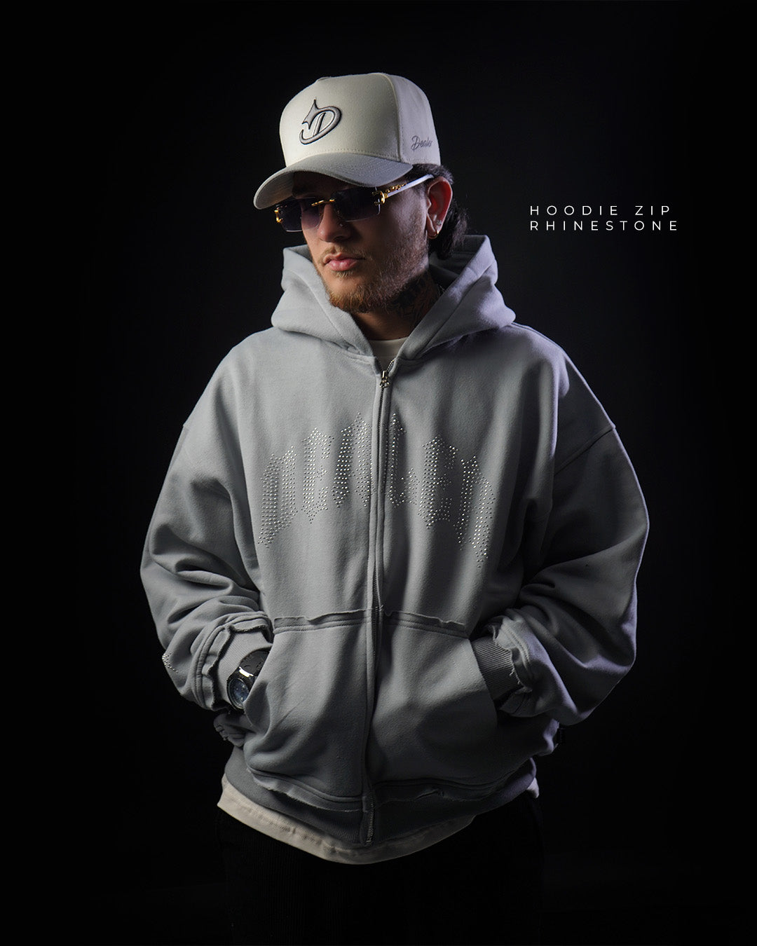 HOODIE ZIP RHINESTONE PLOMO