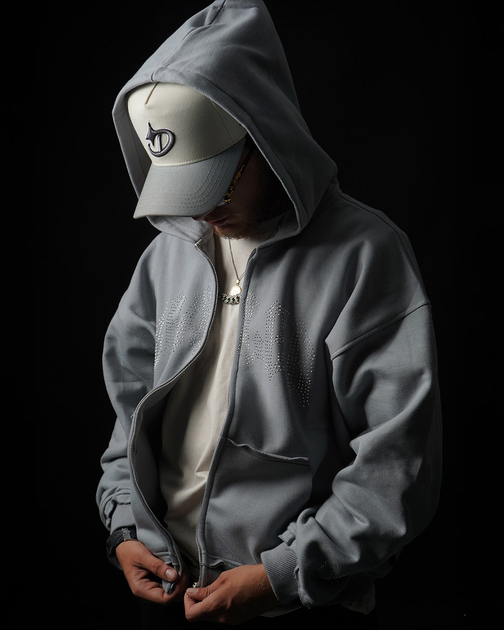 HOODIE ZIP RHINESTONE PLOMO